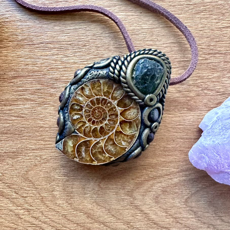 Ammonite Moldavite and Red Garnet Necklace - FairyGardenGlow