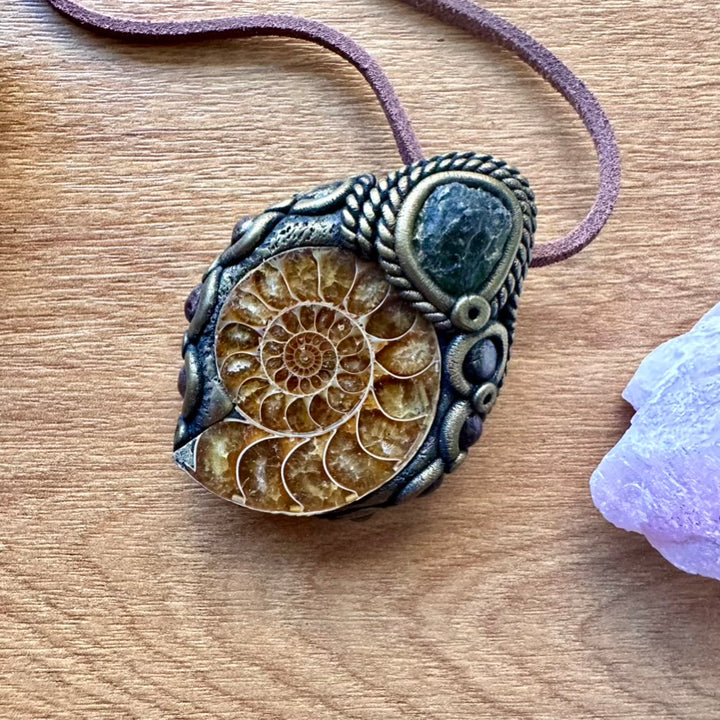 Ammonite Moldavite and Red Garnet Necklace - FairyGardenGlow