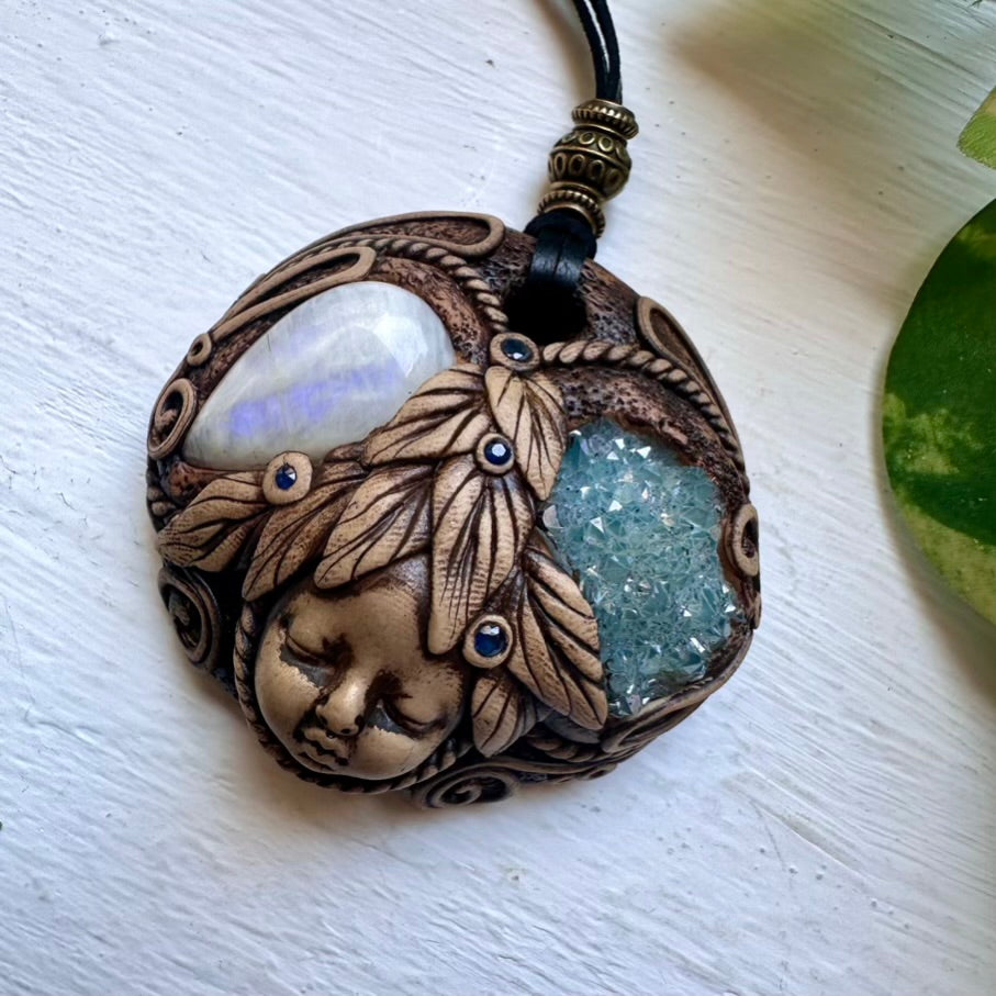 Handmade Goddess Crystal Necklace with Aqua Aura Quartz Moonstone and Blue Sapphire - FairyGardenGlow