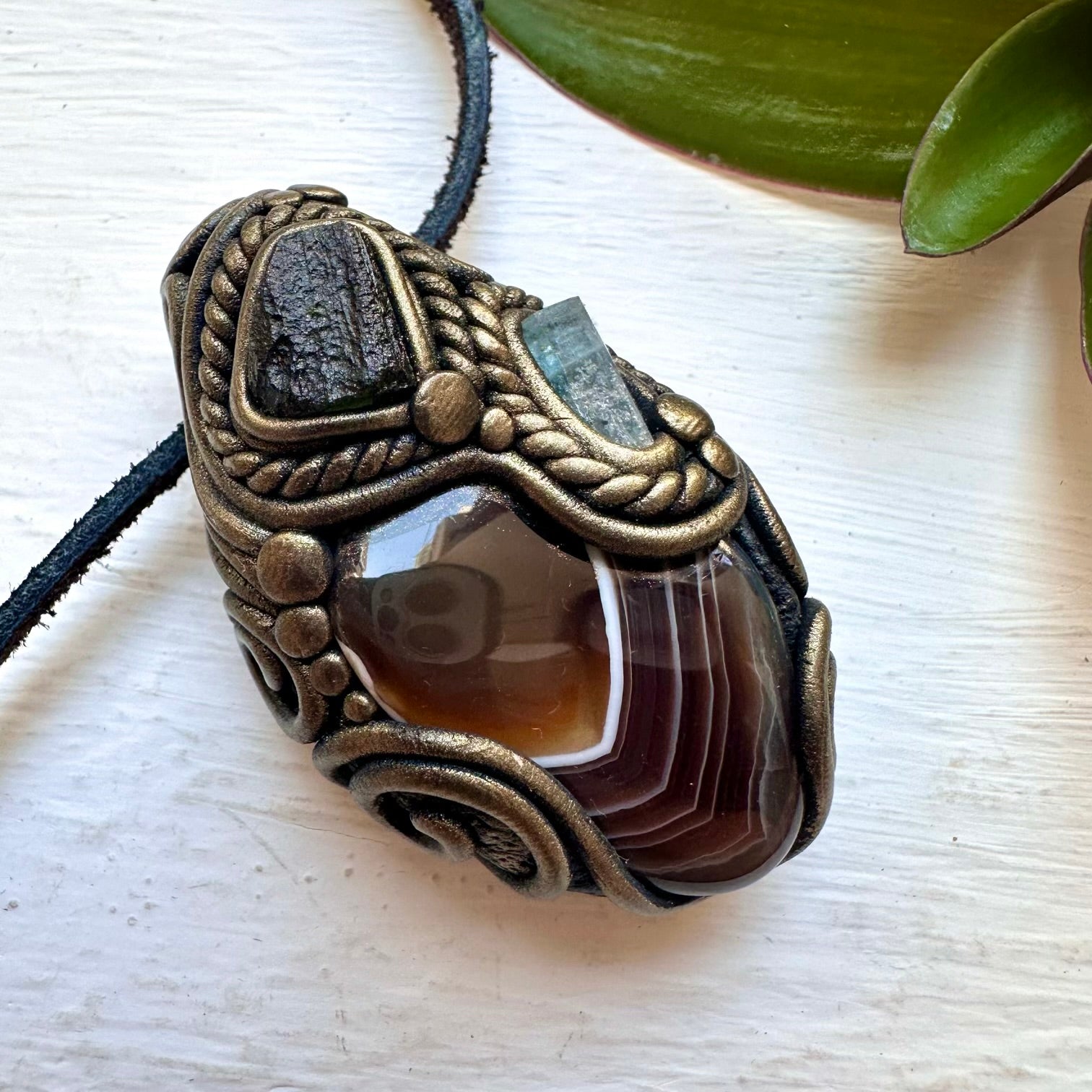 Botswana Agate Aquamarine and Moldavite Necklace, Handmade Crystal Jewelry - FairyGardenGlow