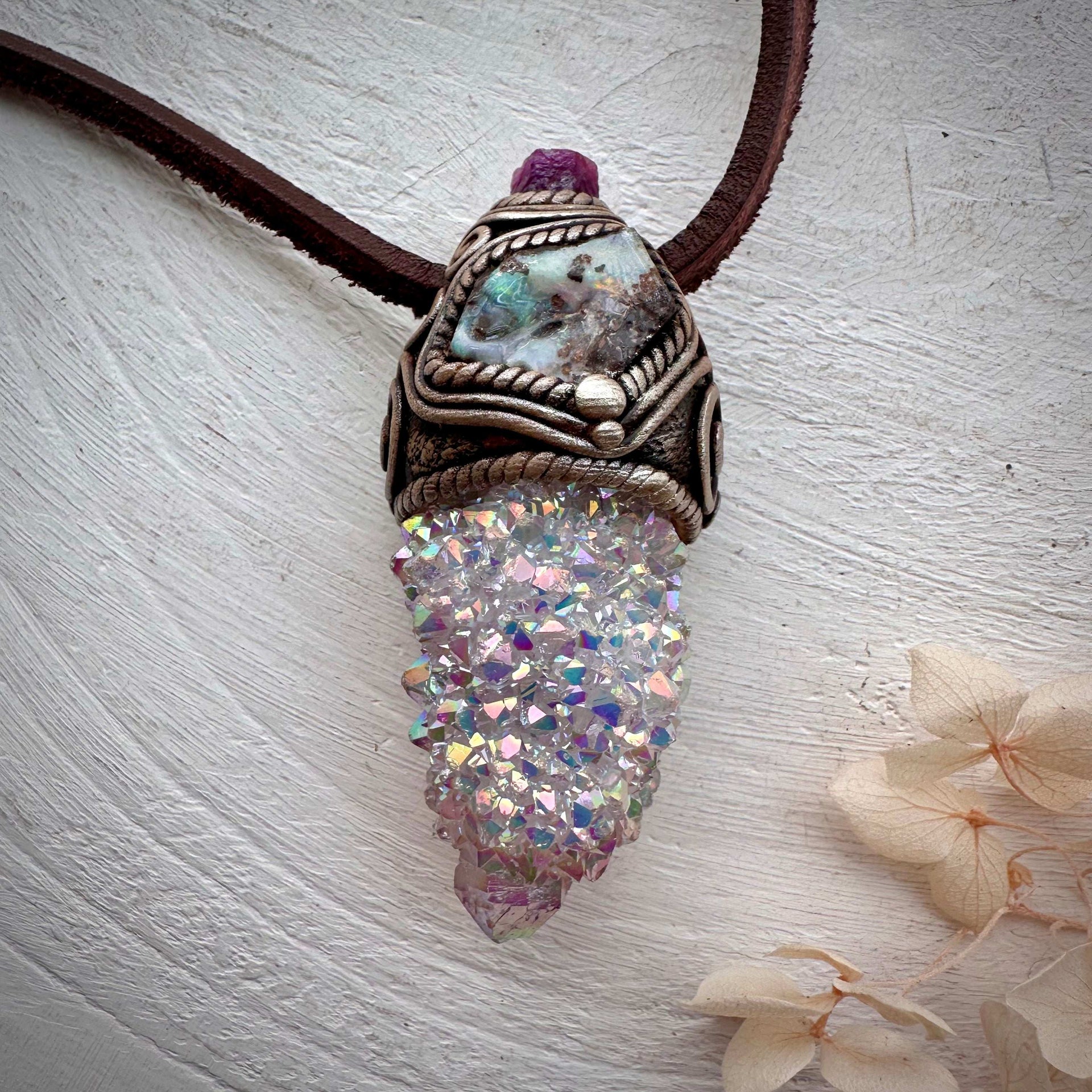 Angel Aura Spirit Quartz Boulder Opal and Ruby Pendant Necklace - FairyGardenGlow
