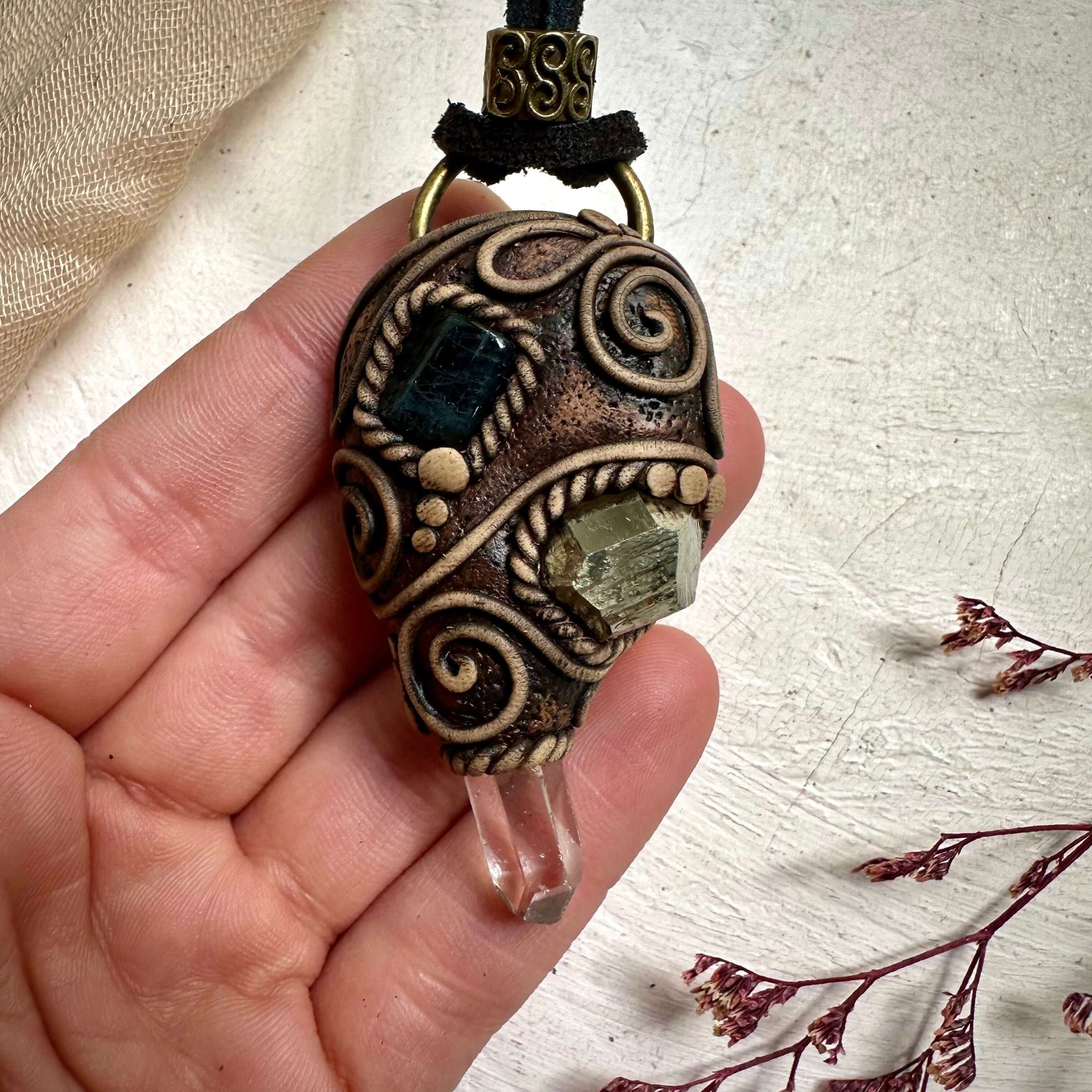 Clear Quartz Blue Tourmaline and Pyrite Necklace