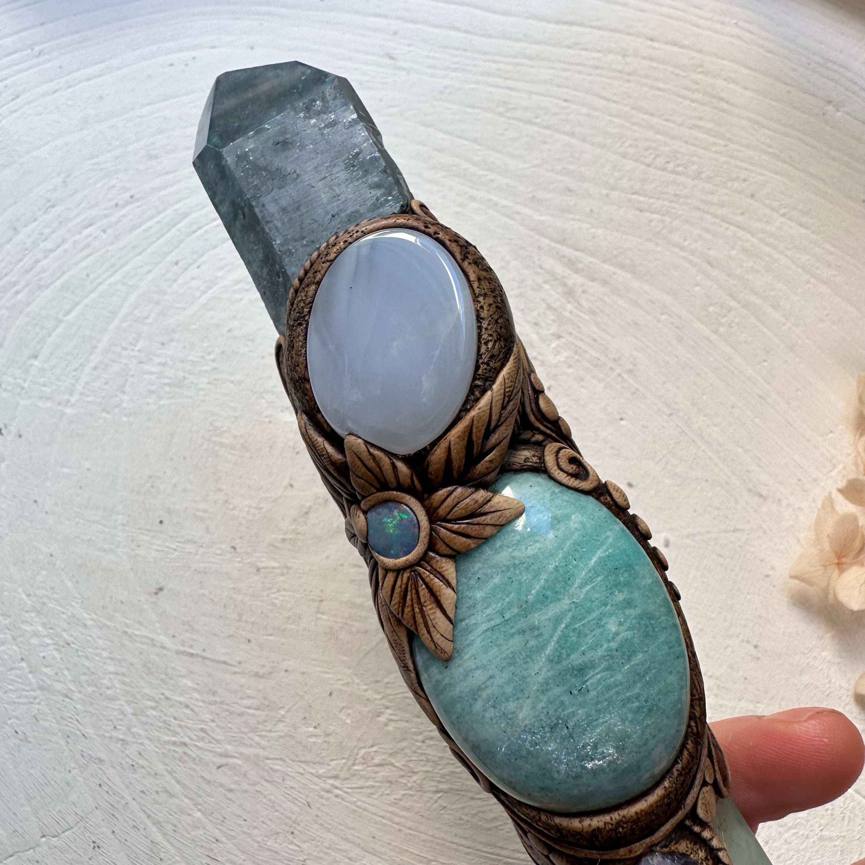 Crystal Wand - Green Fluorite, Aqua Aura Quartz, Amazonite, Blue Chalcedony, Tanzanite and Australian Opal Doublet - FairyGardenGlow
