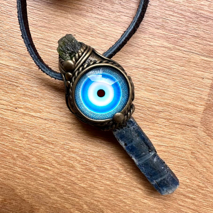 Blue Kyanite and Moldavite Evil Eye Protection Amulet, Handmade Crystal Necklace - FairyGardenGlow