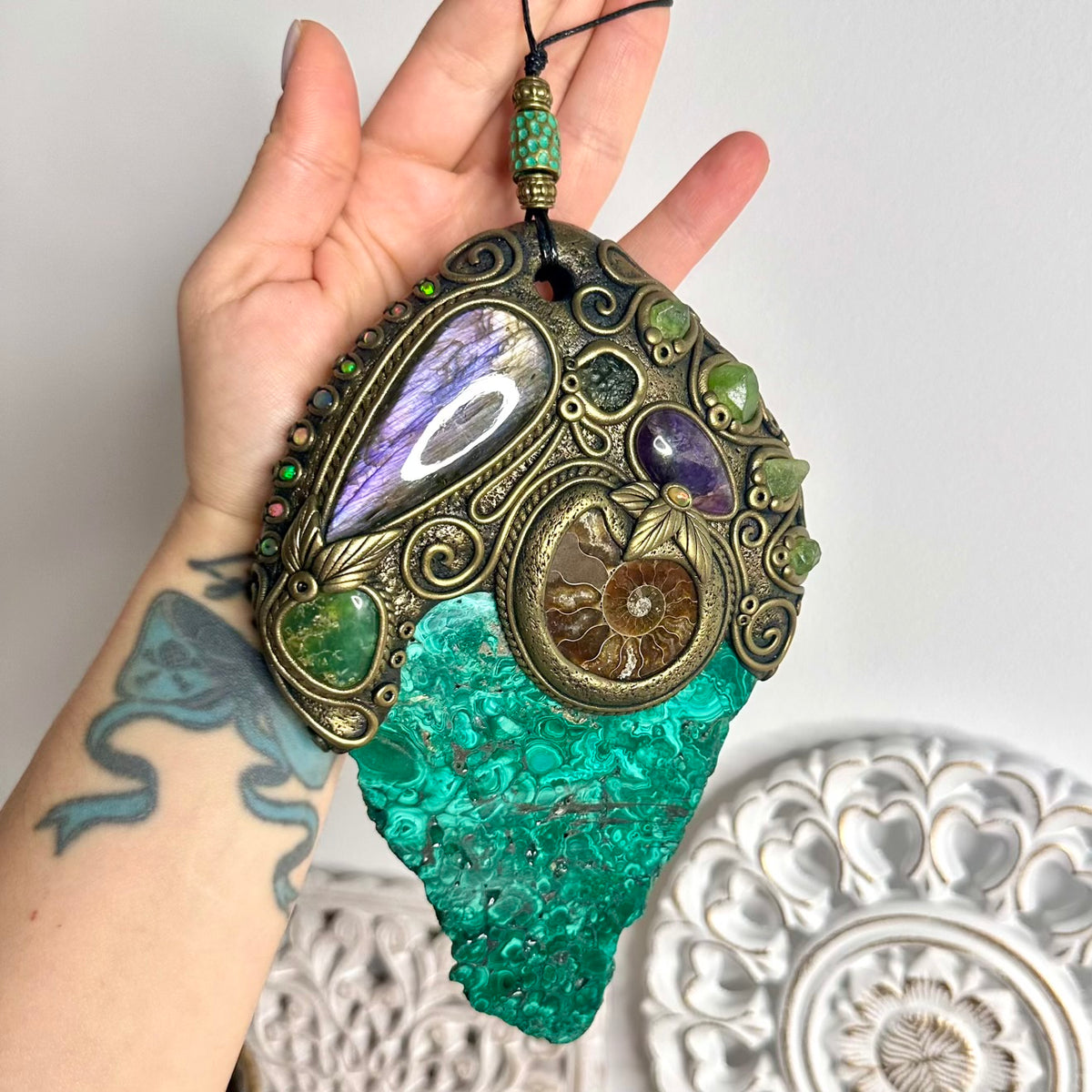 Natural Malachite Wall Hanging / Unique Handmade Crystal Home Decor with Malachite, Labradorite, Ammonite, Peridot, Moldavite, Amethyst, Chrysoprase and Black Ethiopian Opal