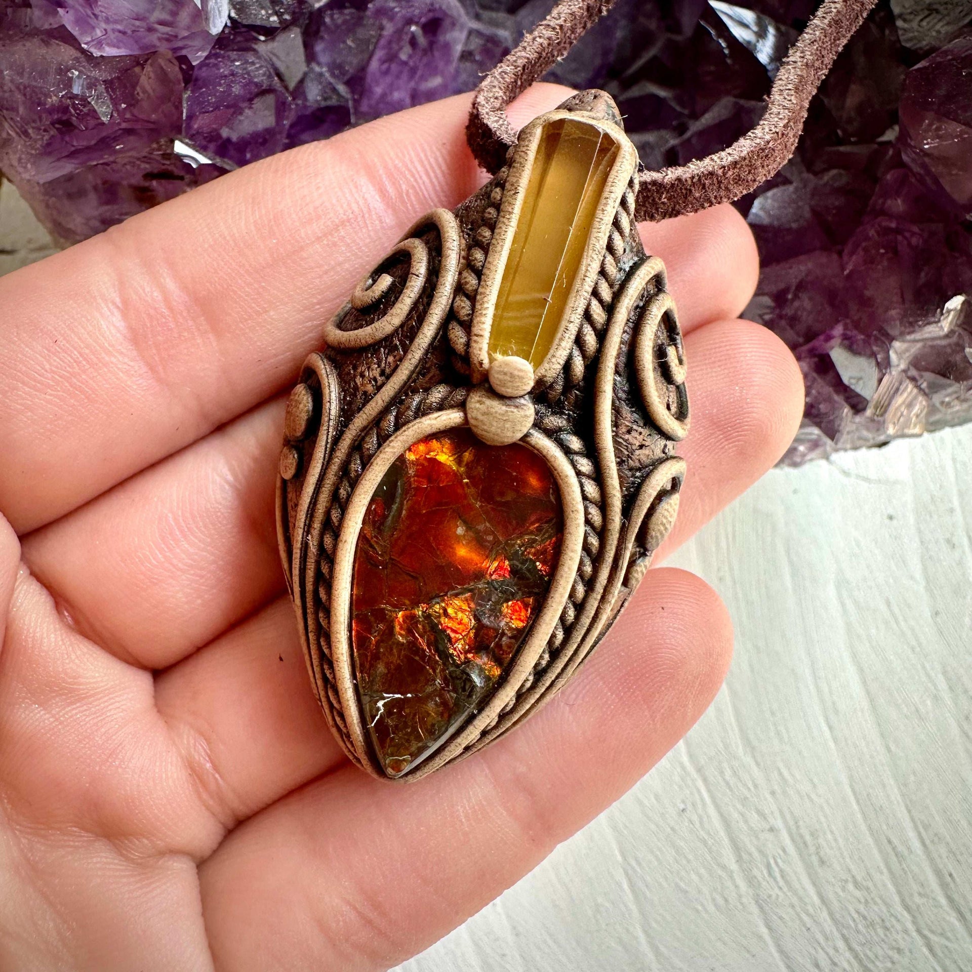 Ammolite and Heliodor Necklace - FairyGardenGlow