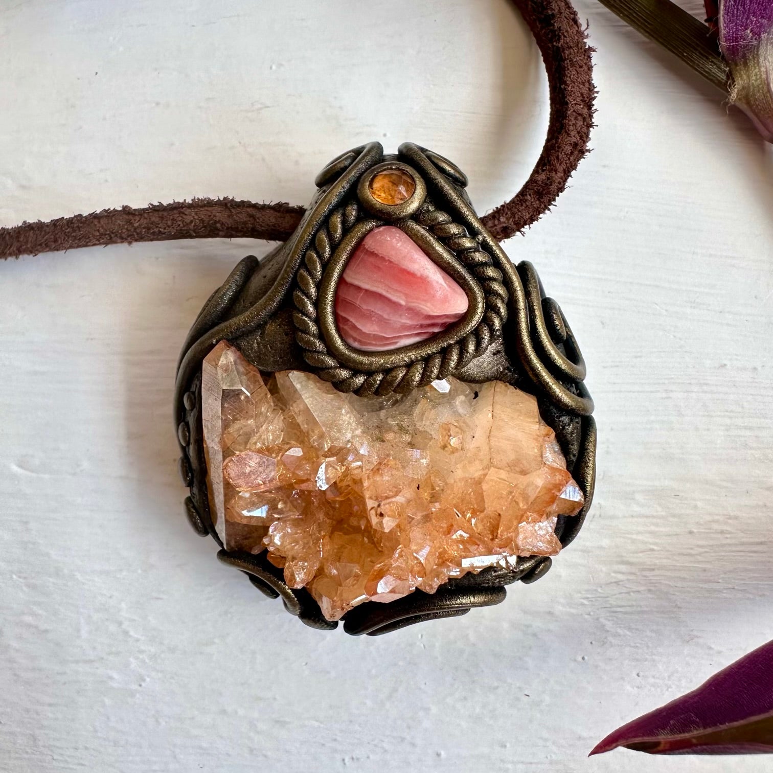 Tangerine Aura Quartz Cluster Rhodochrosite and Imperial Topaz Necklace - FairyGardenGlow