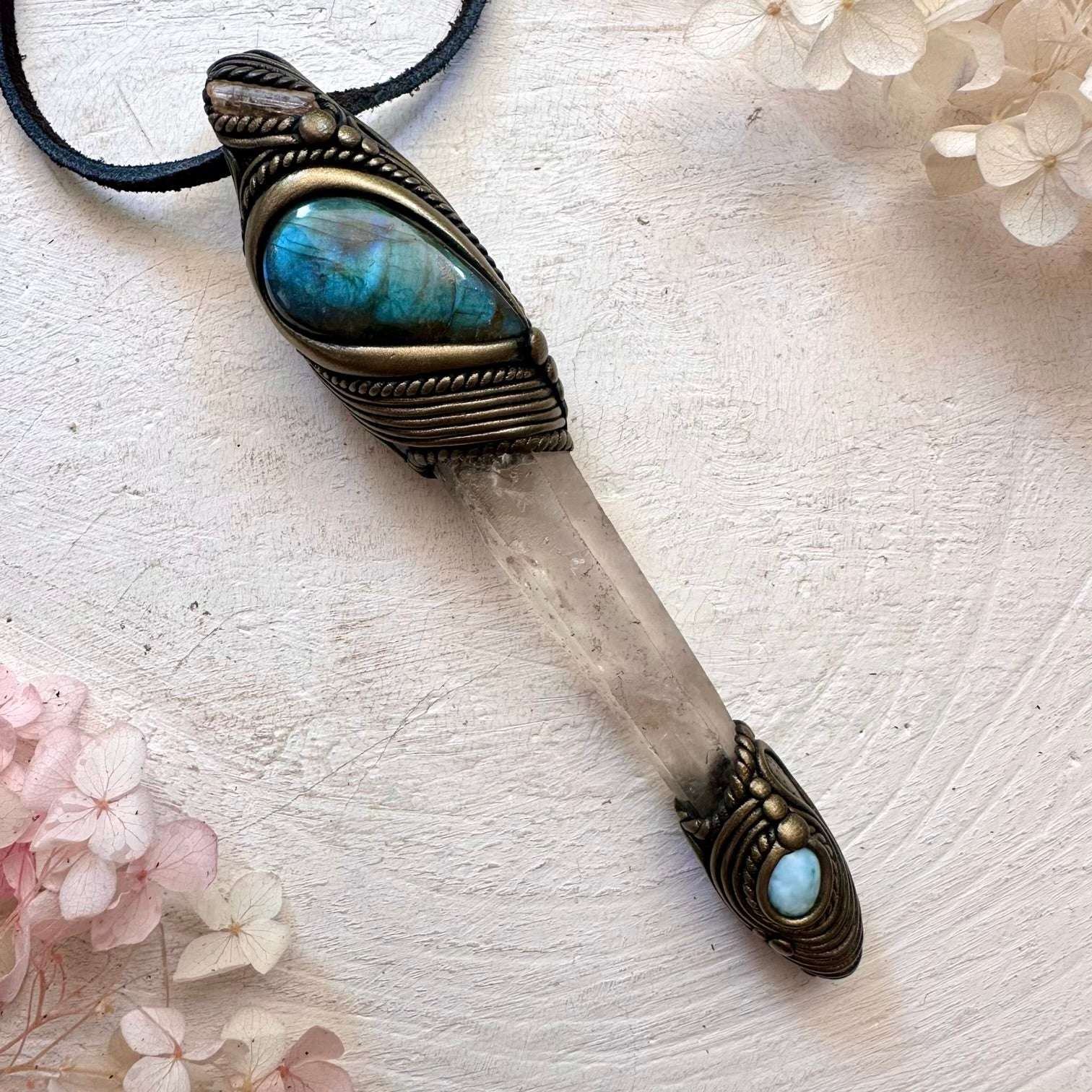 Lemurian Seed Quartz Labradorite Larimar and Imperial Topaz Crystal Wand / Pendant - FairyGardenGlow