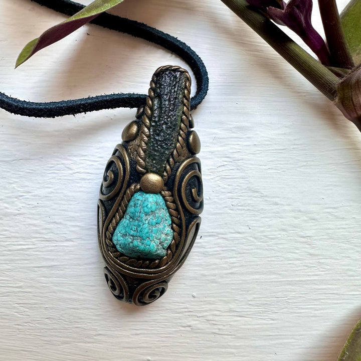 Turquoise and Moldavite Pendant Necklace - FairyGardenGlow