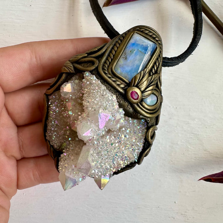 Angel Aura Spirit Quartz Rainbow Moonstone Australian Opal and Ruby Wand / Necklace - FairyGardenGlow