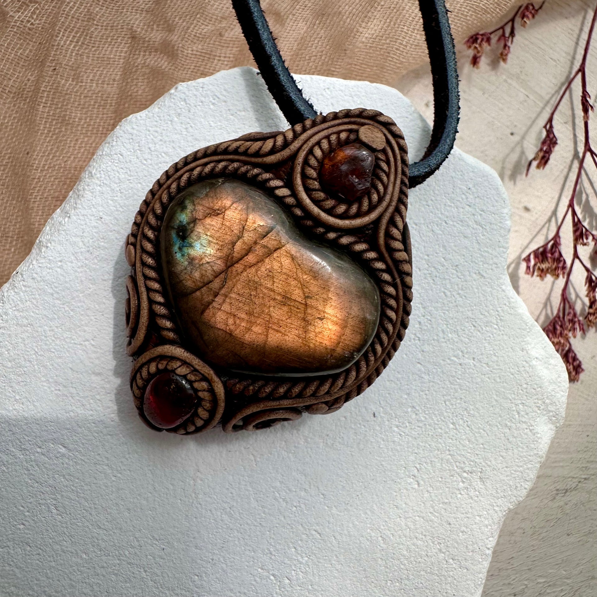 Labradorite Heart Amber and Hessonite Garnet Necklace