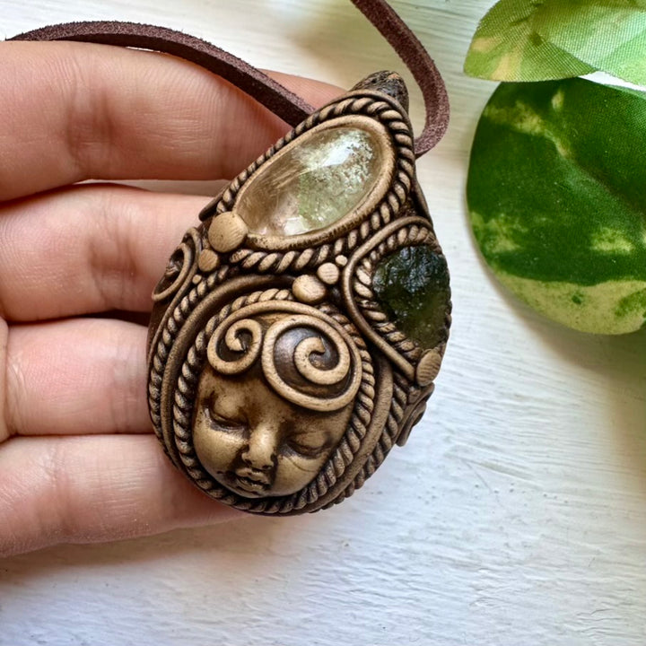Chlorite Quartz and Moldavite Goddess Necklace - FairyGardenGlow