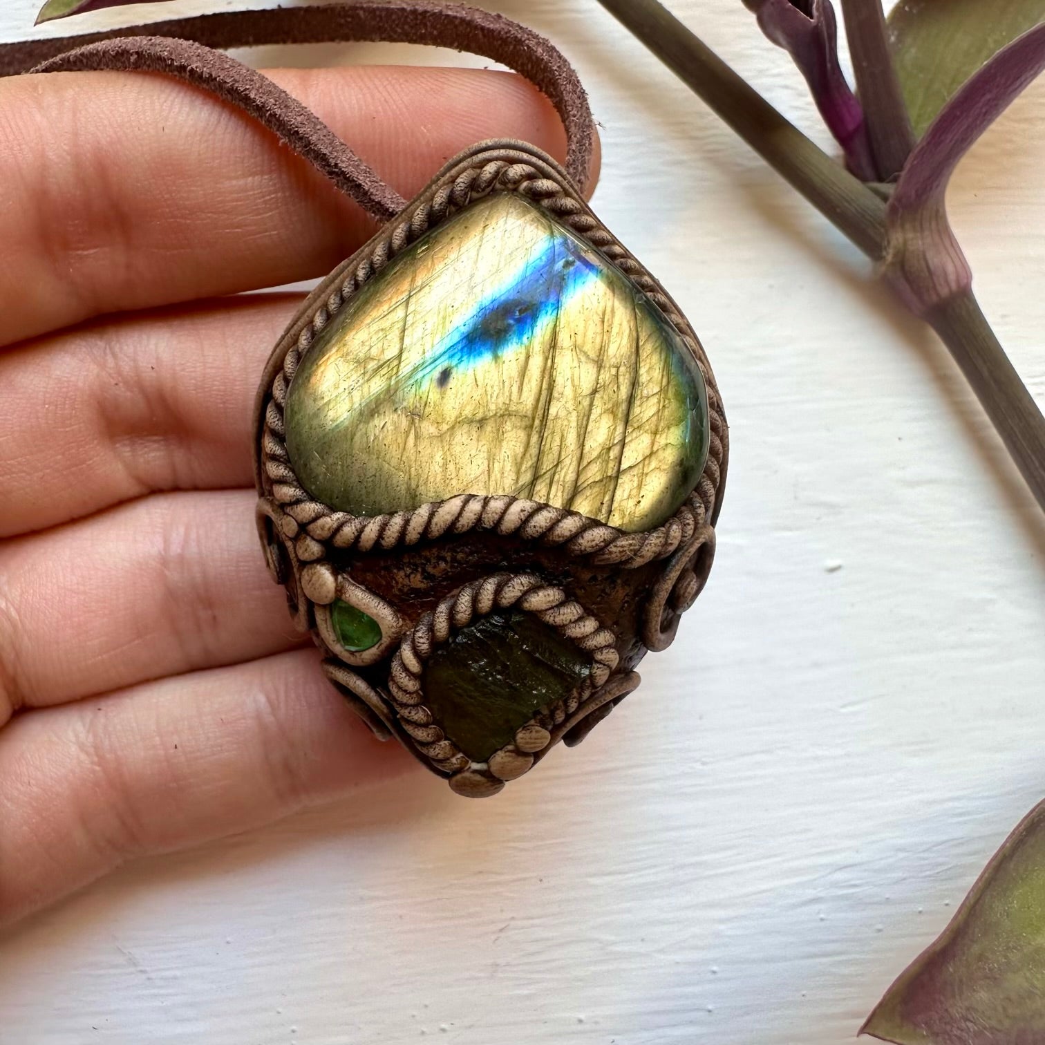 Labradorite Moldavite and Emerald Necklace - FairyGardenGlow