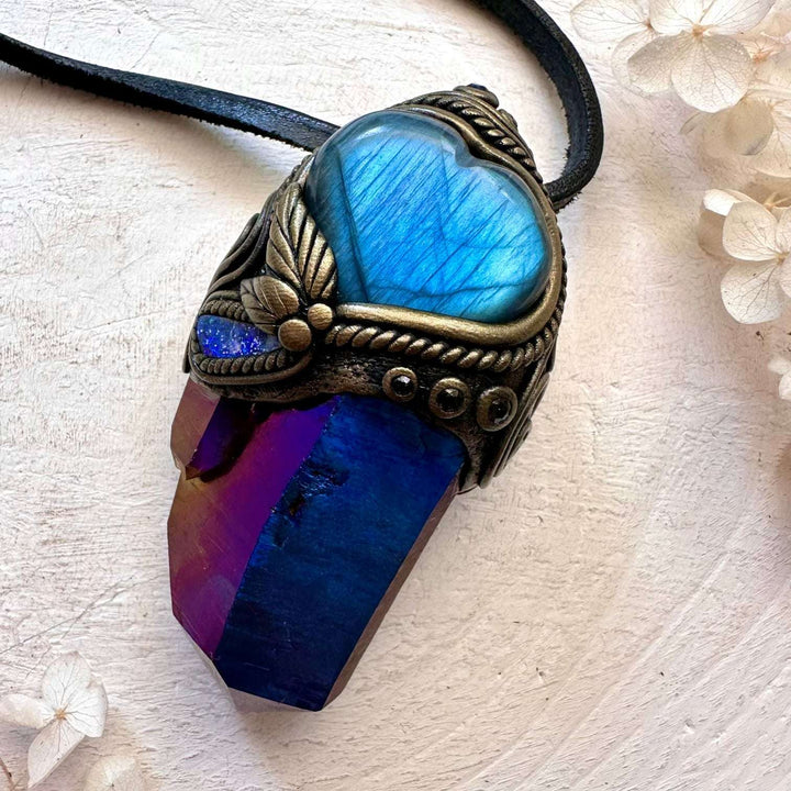 Cobalt Aura Quartz, Blue Labradorite Heart, Boulder Opal and Blue Sapphire Crystal Wand / Unique Crystal Pendant - FairyGardenGlow