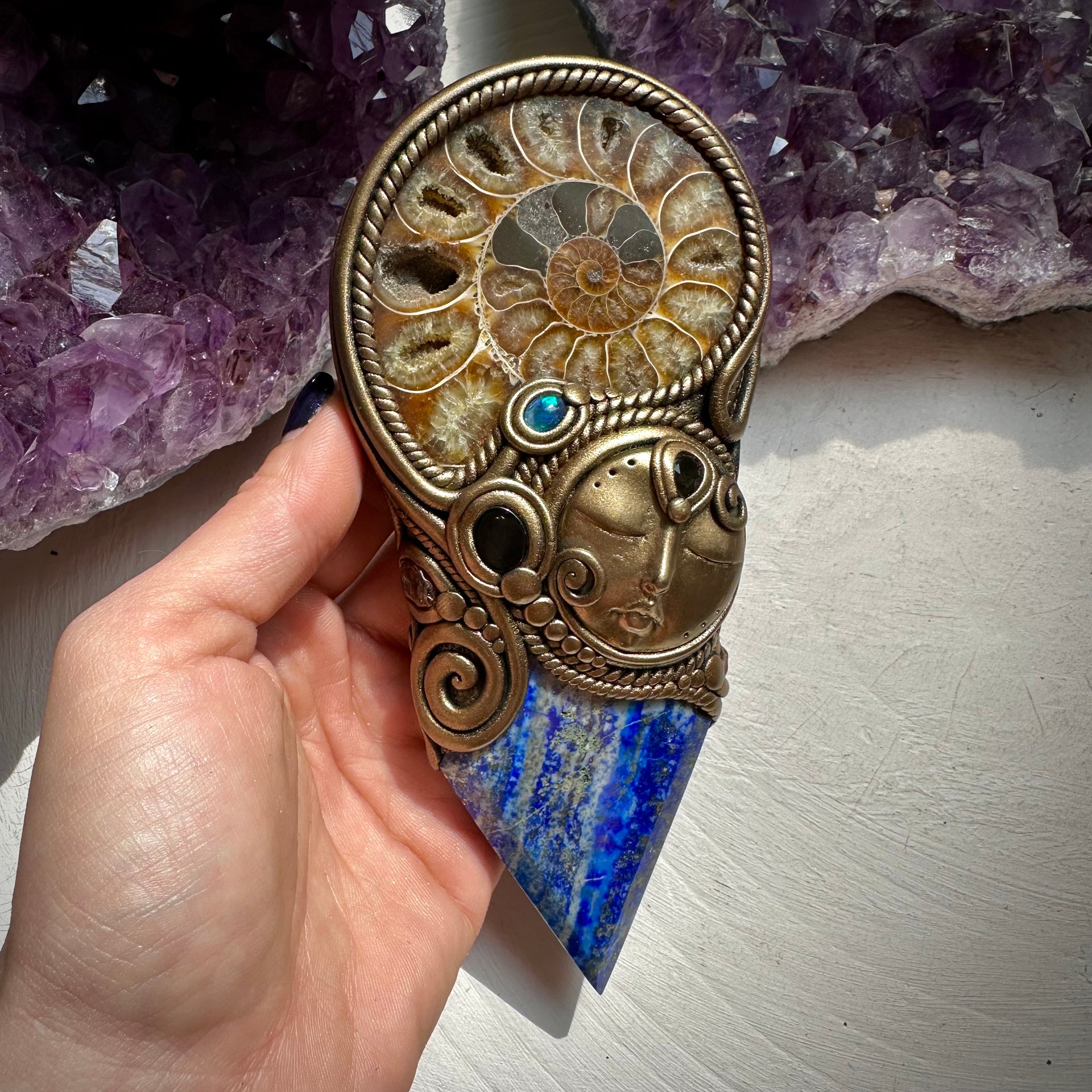 Lapis Lazuli Ammonite Smoky Quartz Black Onyx and Australian Black Opal Goddess Wand - FairyGardenGlow