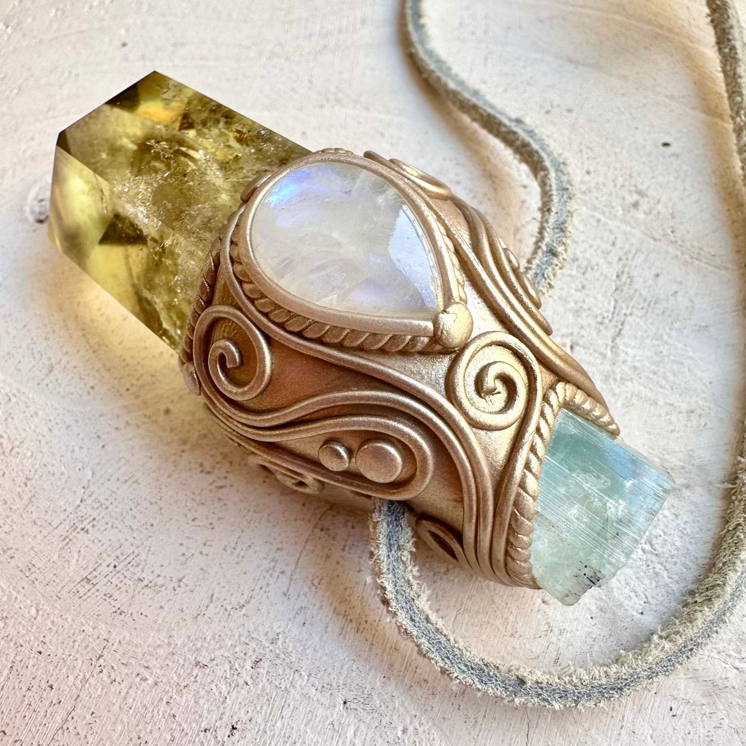 Handmade gemstone wand with citrine aquamarine and moonstone spiritual tool