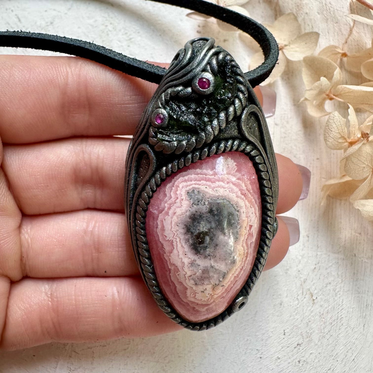 Rhodochrosite Moldavite and Ruby Clay Crystal Necklace - FairyGardenGlow