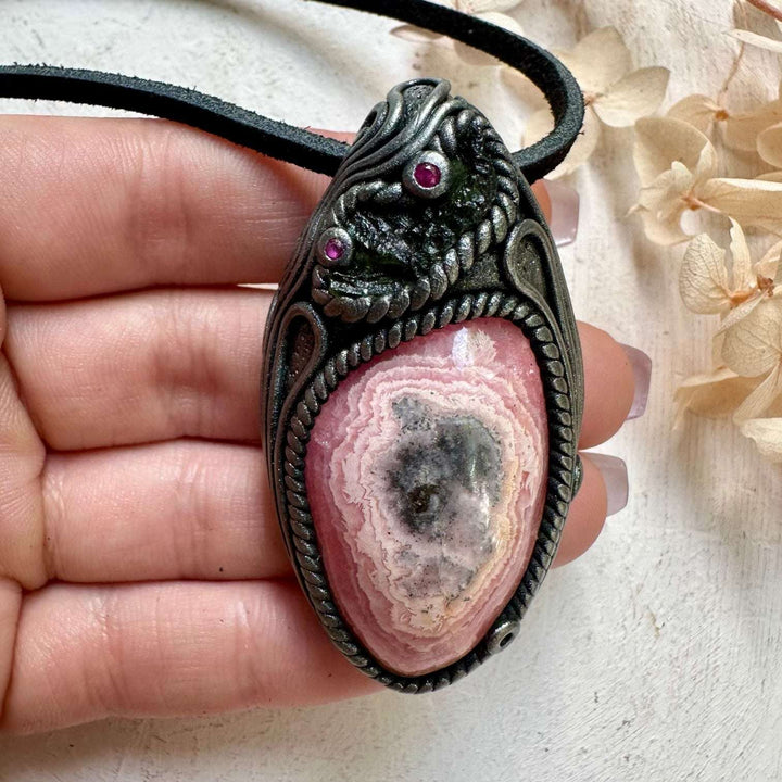 Rhodochrosite Moldavite and Ruby Clay Crystal Necklace - FairyGardenGlow
