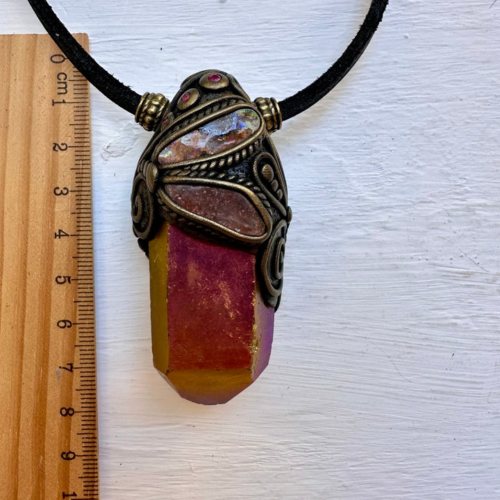 Sunset Aura Quartz Sunstone Boulder Opal and Ruby Wand / Necklace - FairyGardenGlow