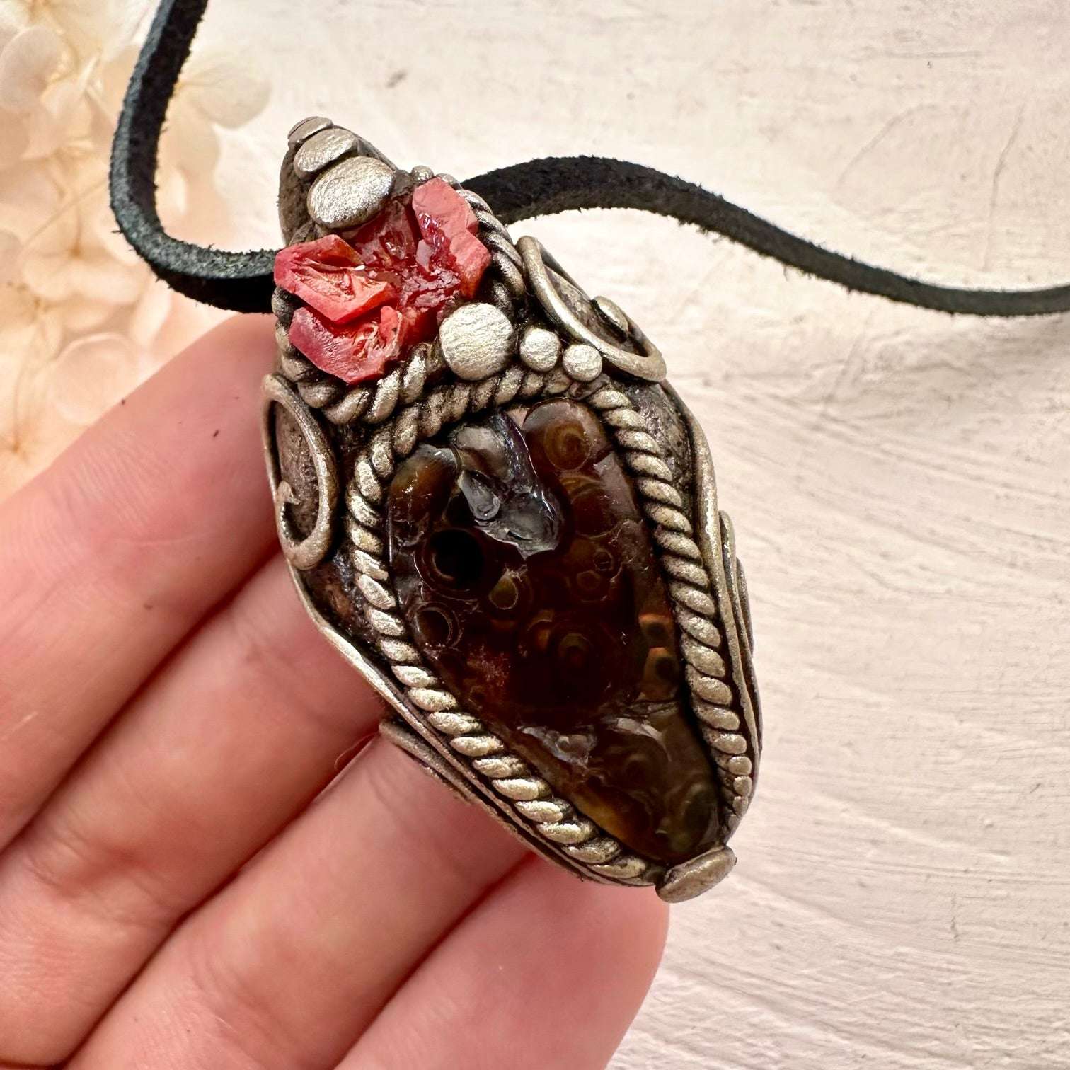 Fire Agate and Vanadinite Pendant, Handmade Crystal Jewelry - FairyGardenGlow