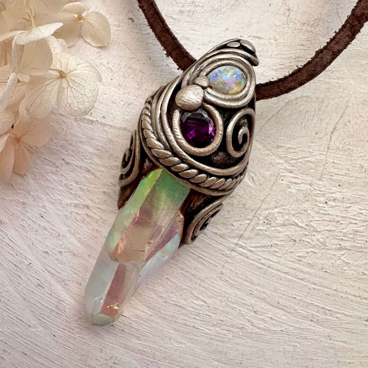 Angel Aura Quartz Cluster Amethyst and Australian Opal Necklace - FairyGardenGlow