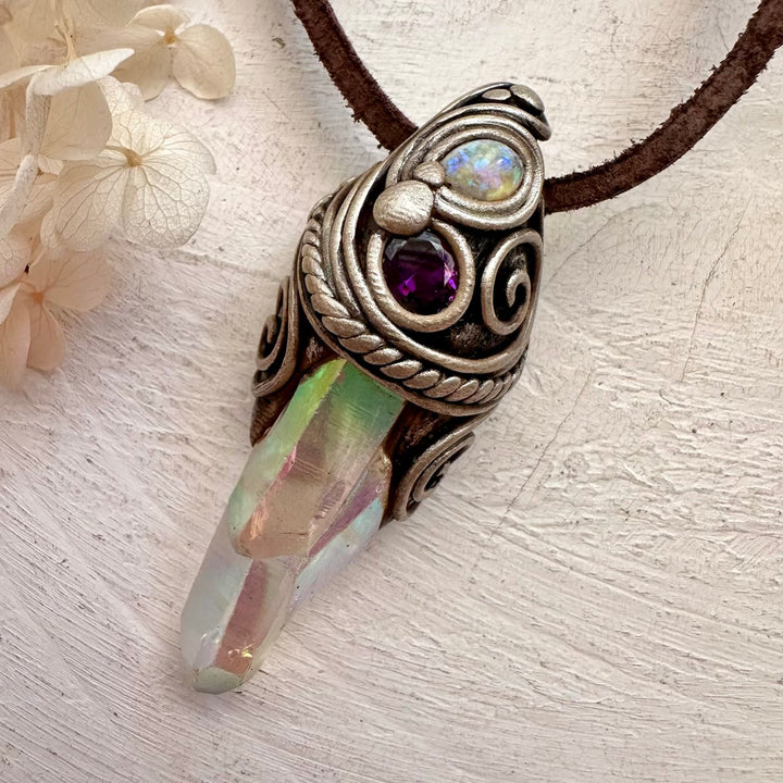 Angel Aura Quartz Cluster Amethyst and Australian Opal Necklace - FairyGardenGlow