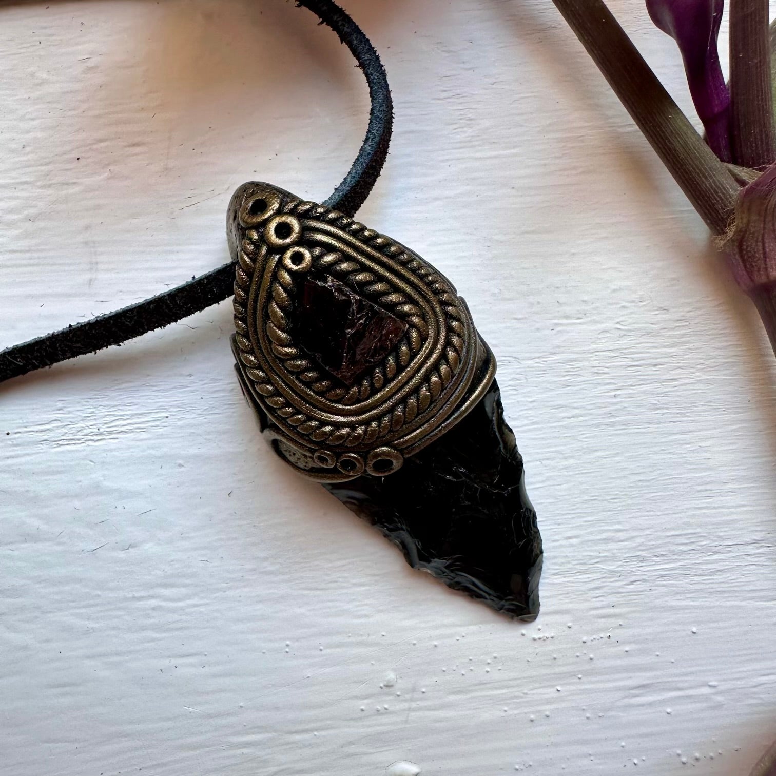 Black Obsidian Arrowhead and Red Garnet Necklace - FairyGardenGlow