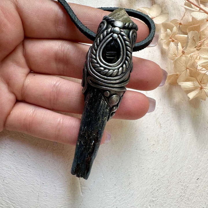 Blue Kyanite Pyrite and Smoky Quartz Small Wand / Pendant - FairyGardenGlow