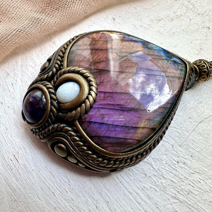 Labradorite Australian Opal and Amethyst Necklace - FairyGardenGlow