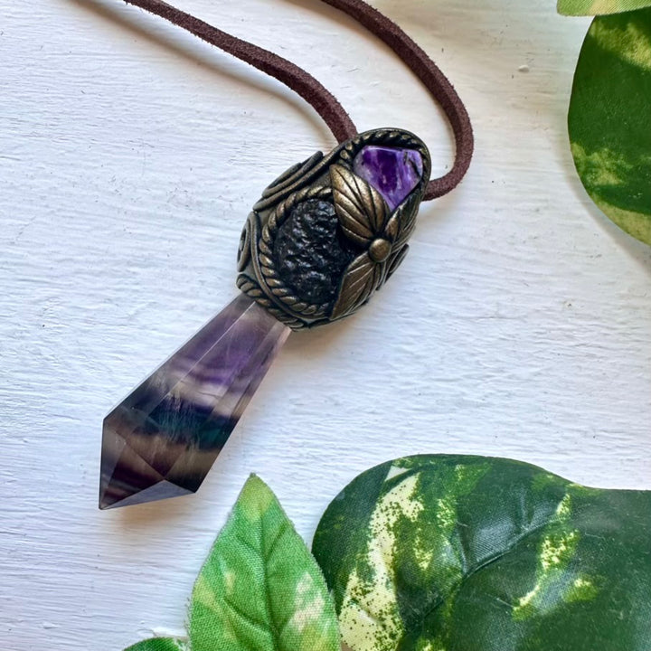 Rainbow Fluorite Moldavite and Charoite Healing Crystal Talisman - FairyGardenGlow