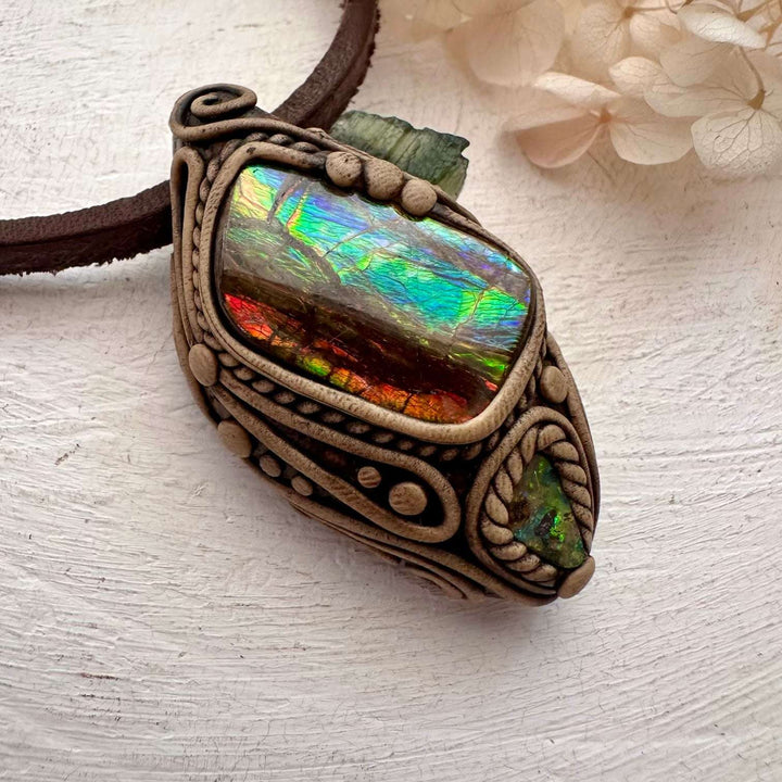 Ammolite Boulder Opal and Moldavite Necklace - FairyGardenGlow