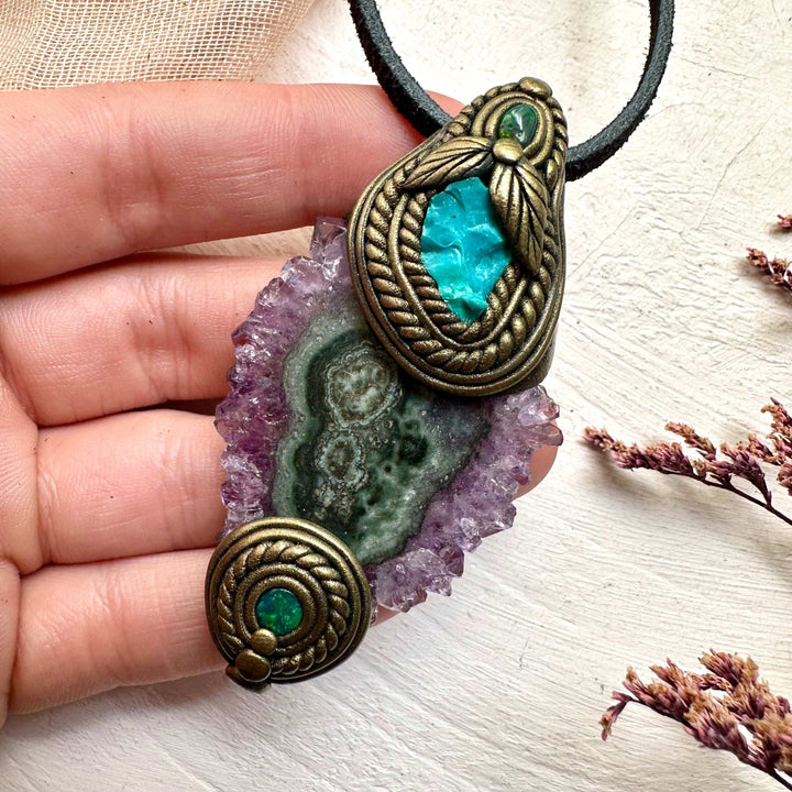 Amethyst Stalactite Raw Chrysocolla and Black Opal Necklace - FairyGardenGlow