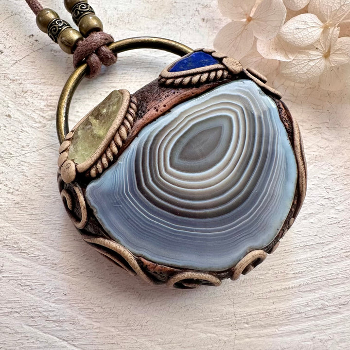 Botswana Agate Brazilianite and Lapis Lazuli Pendant Necklace - FairyGardenGlow