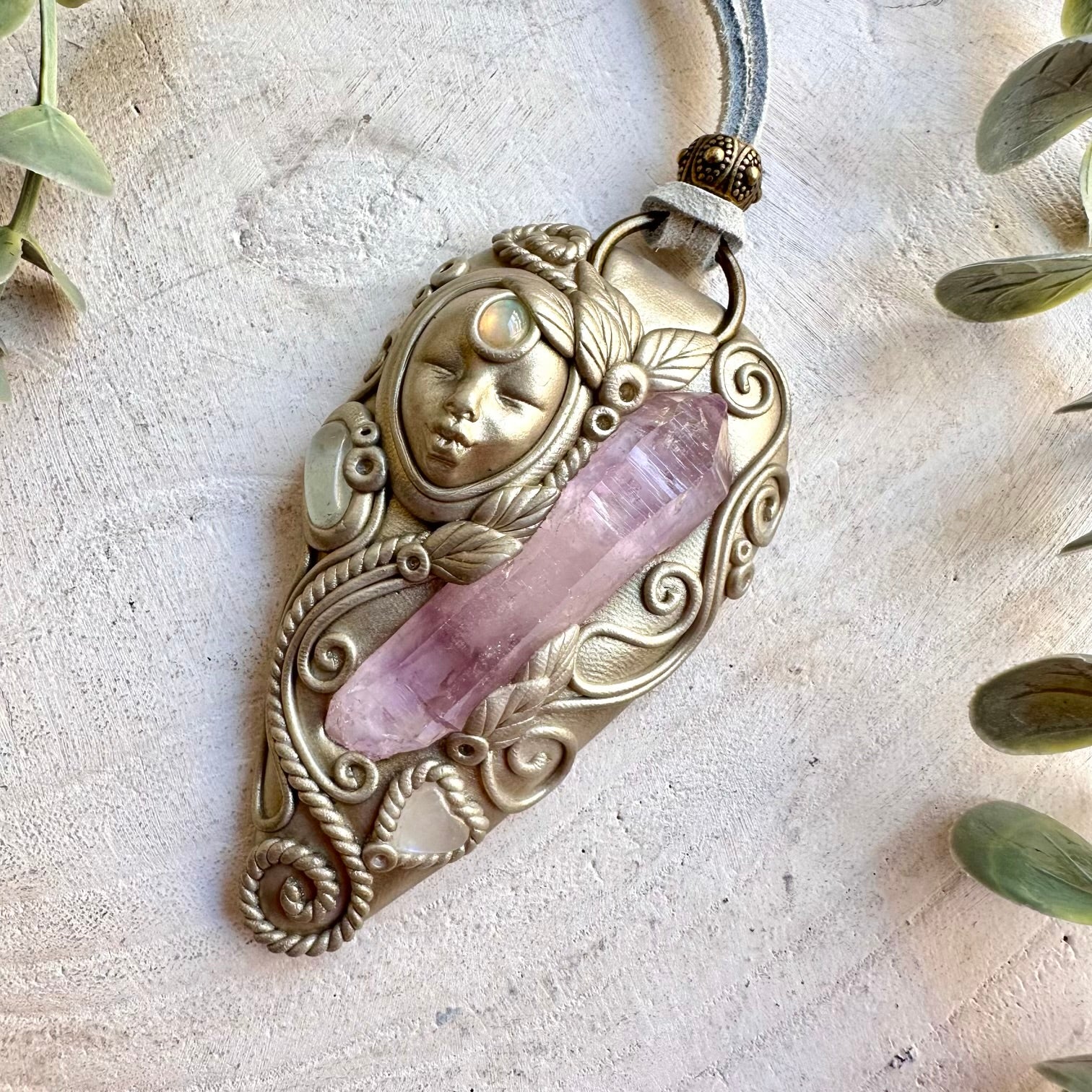 Handmade Goddess necklace featuring Vera Cruz Amethyst, Moonstone Heart, Clear Topaz and Ethiopian Opal.