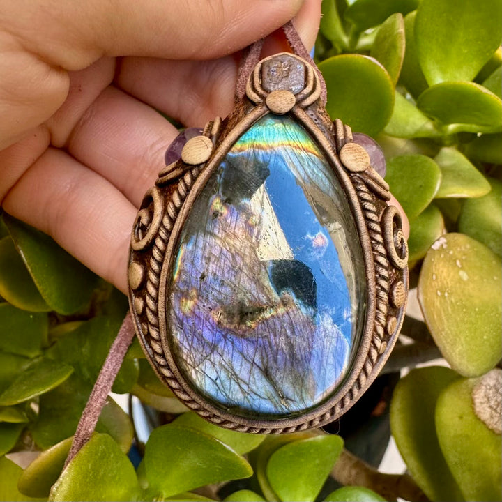 Labradorite Boulder Opal and Amethyst Necklace - FairyGardenGlow