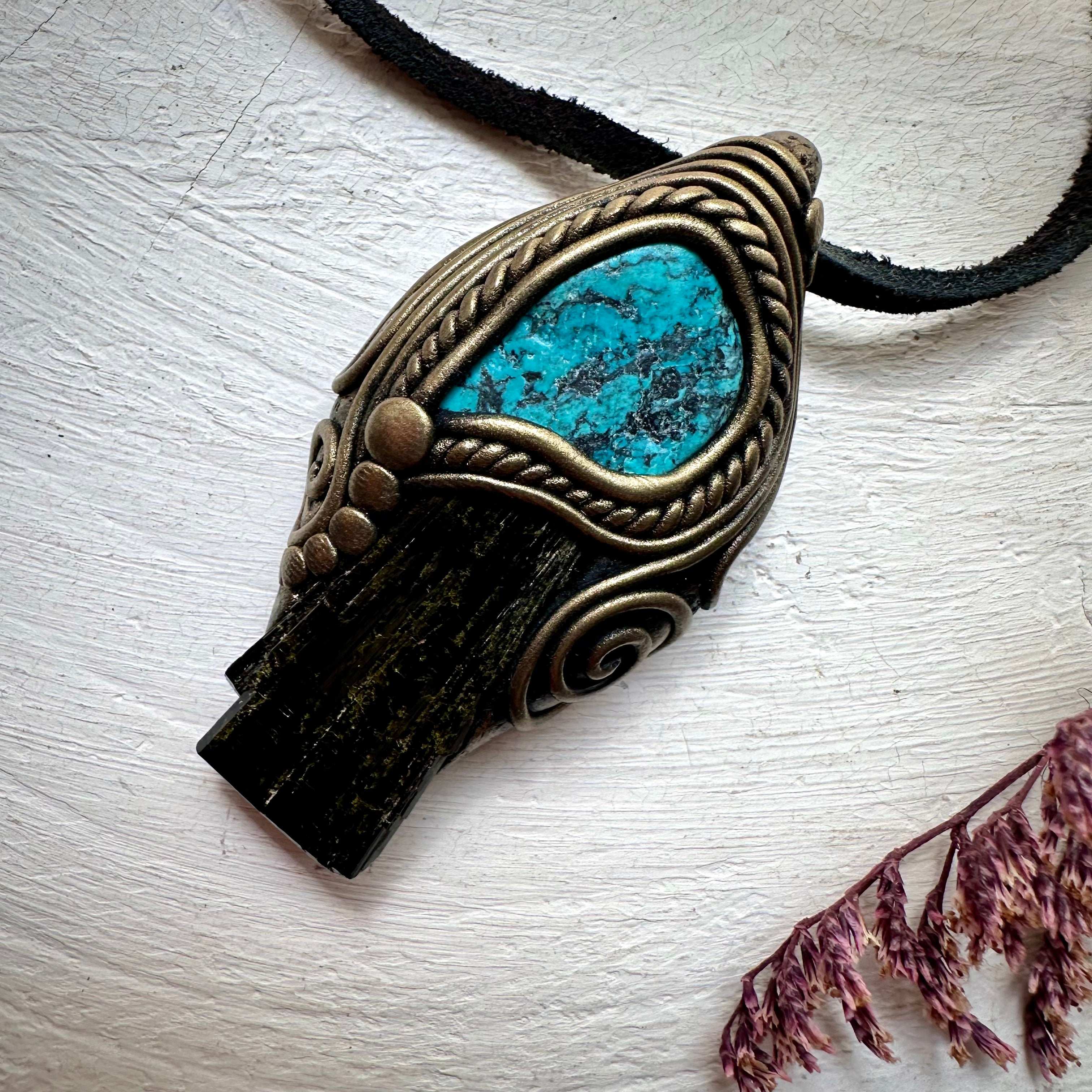 Epidote and Turquoise Pendant Necklace - FairyGardenGlow