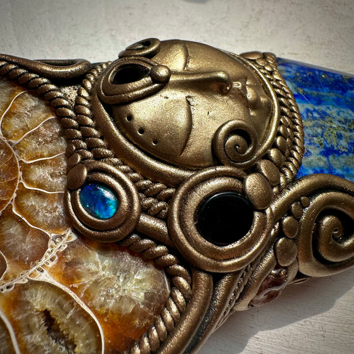 Lapis Lazuli Ammonite Smoky Quartz Black Onyx and Australian Black Opal Goddess Wand - FairyGardenGlow