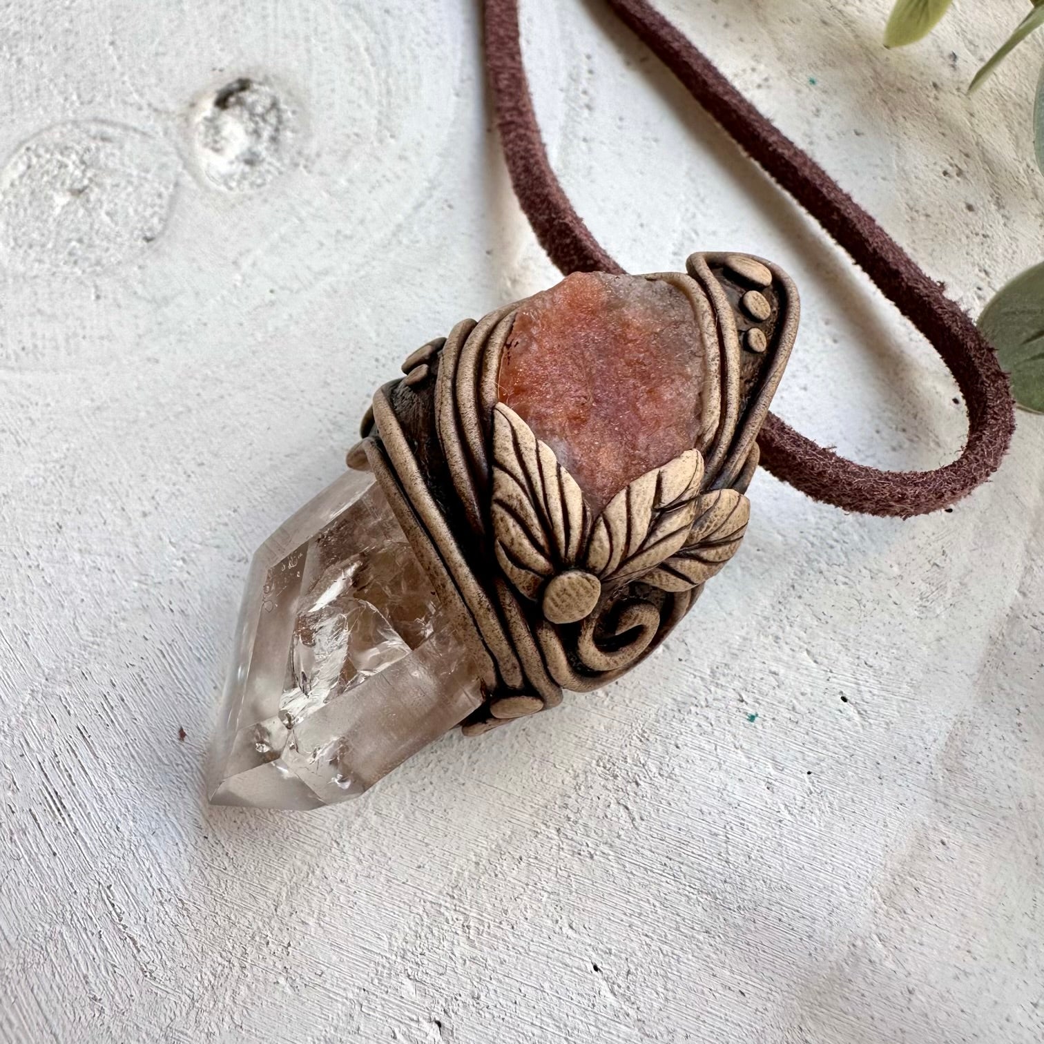 Handmade talisman necklace with lemurian quartz and raw sunstone crystal