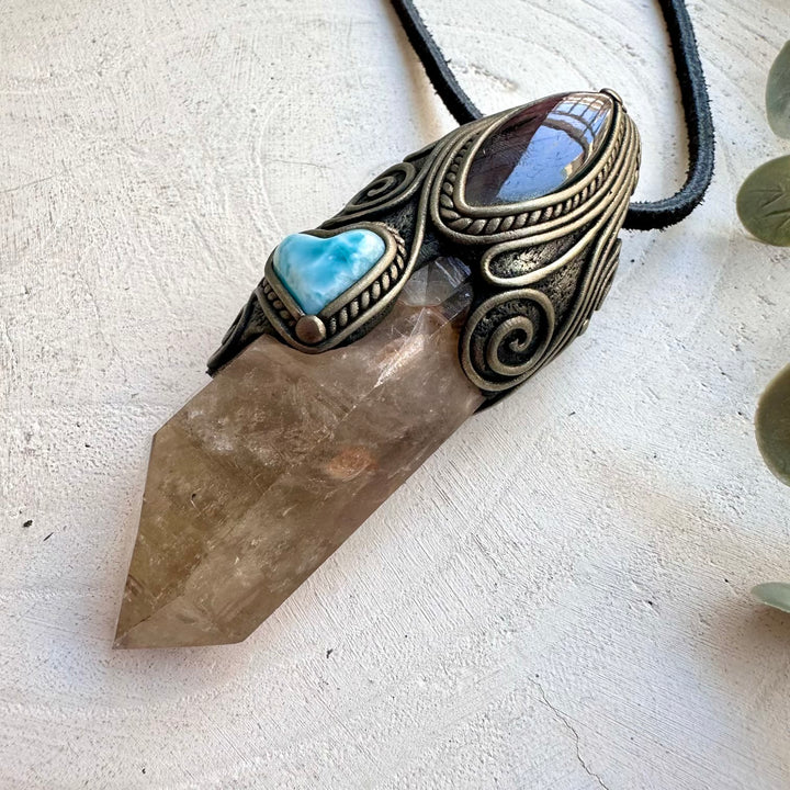 Smoky quartz labradorite healing crystal wand necklace