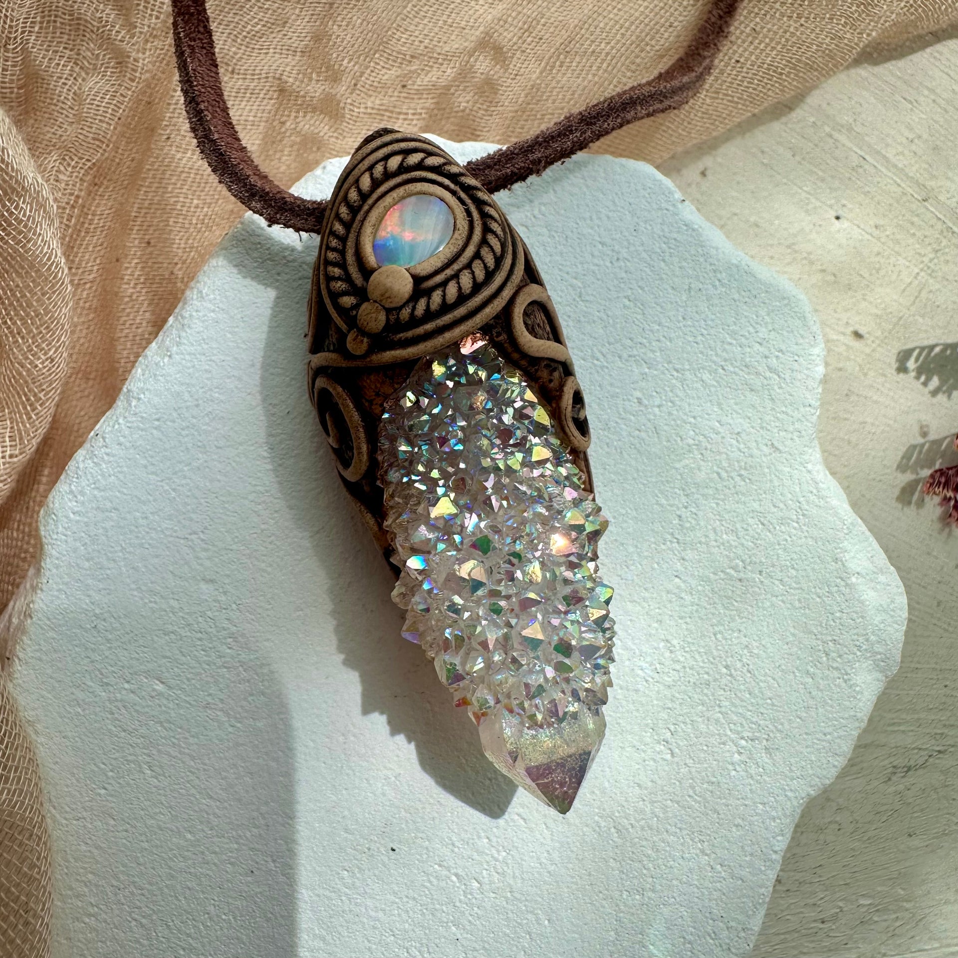 Angel Aura Spirit Quartz and Australian Opal Necklace