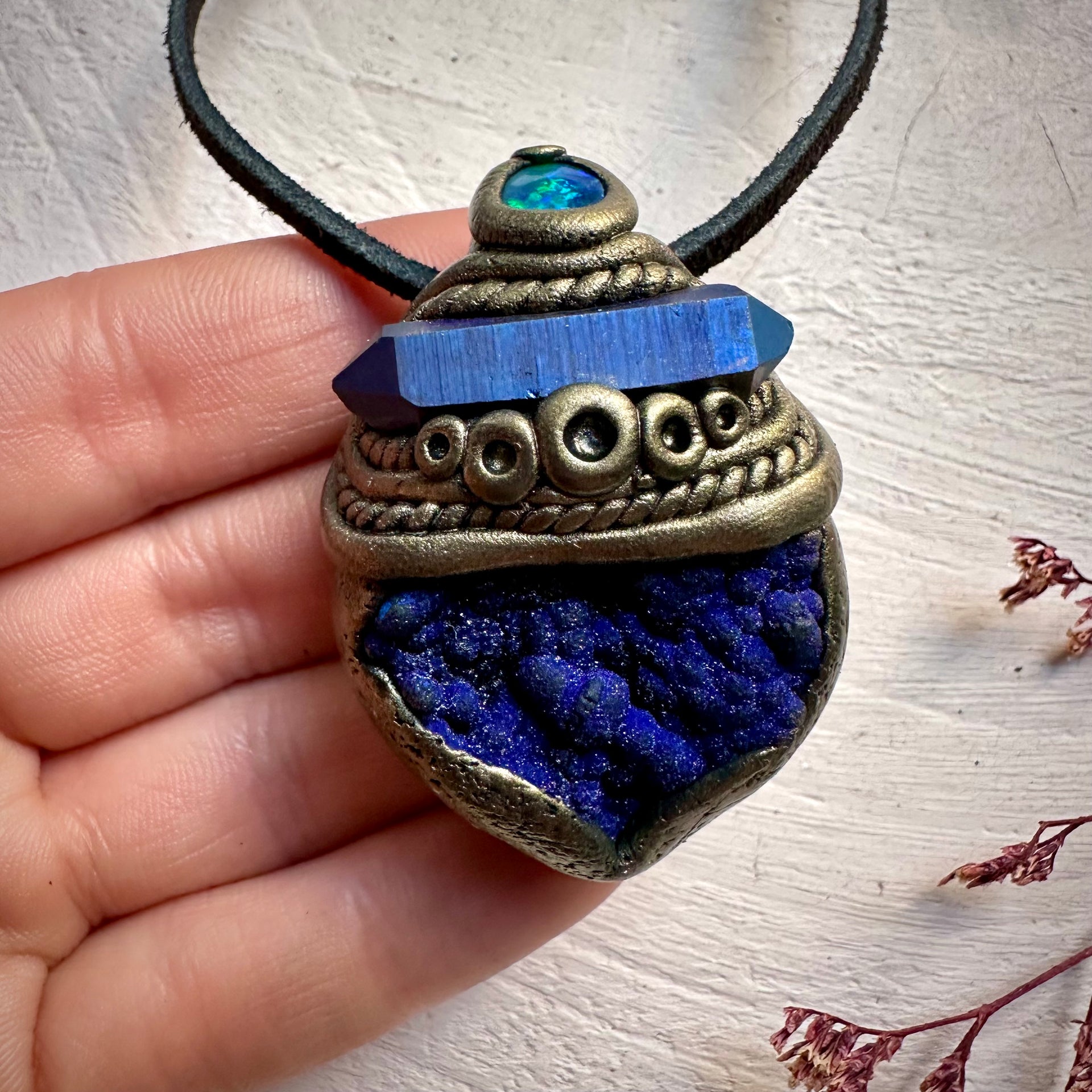 Azurite with Cobalt Aura Quartz and Black Australian Opal Pendant Necklace