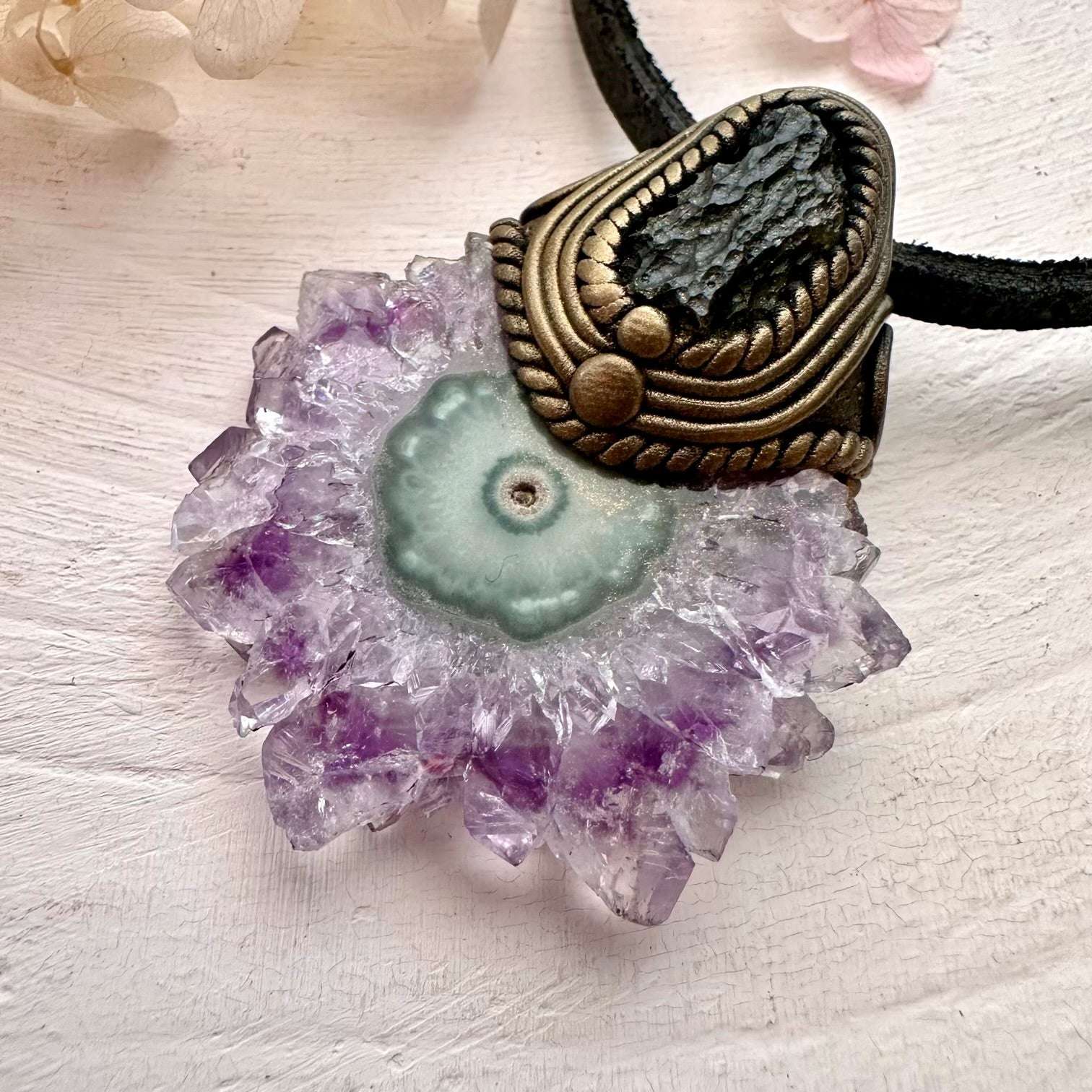 Amethyst Stalactite and Raw Moldavite Pendant Necklace - FairyGardenGlow