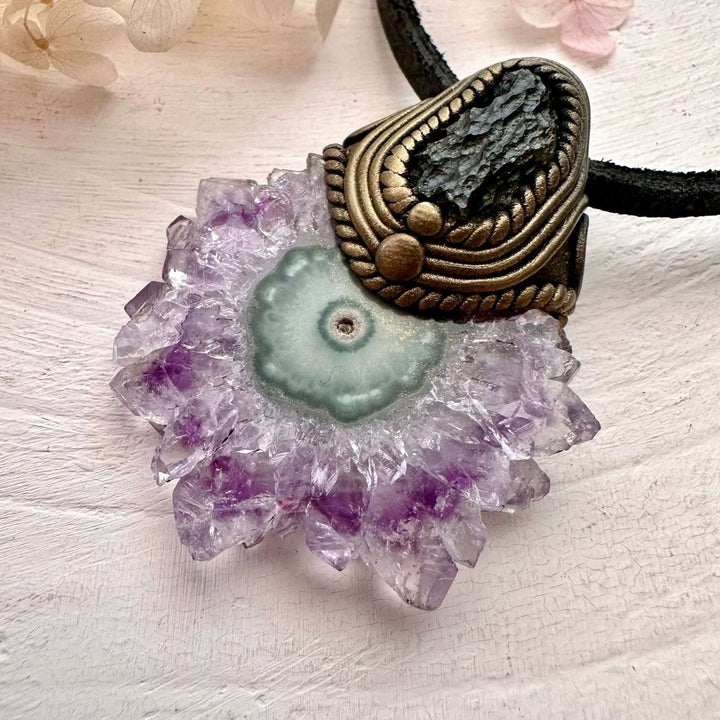 Amethyst Stalactite and Raw Moldavite Pendant Necklace - FairyGardenGlow
