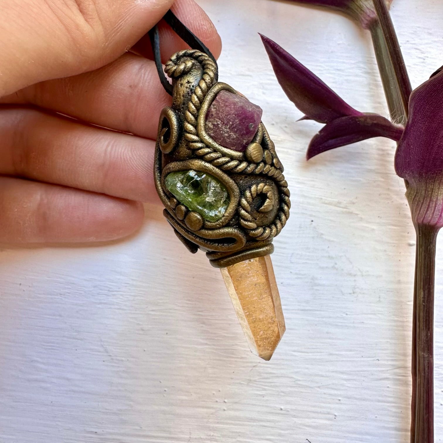 Tangerine Aura Quartz Peridot and Ruby Necklace - FairyGardenGlow