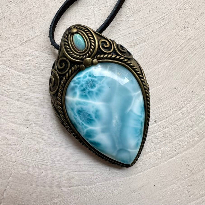 Large Larimar and Australian Opal Crystal Necklace, Unique Gemstone Pendant FairyGardenGlow