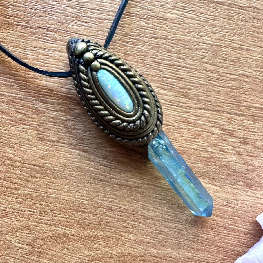 Aqua Aura Quartz and Australian Opal Pendant Necklace - FairyGardenGlow