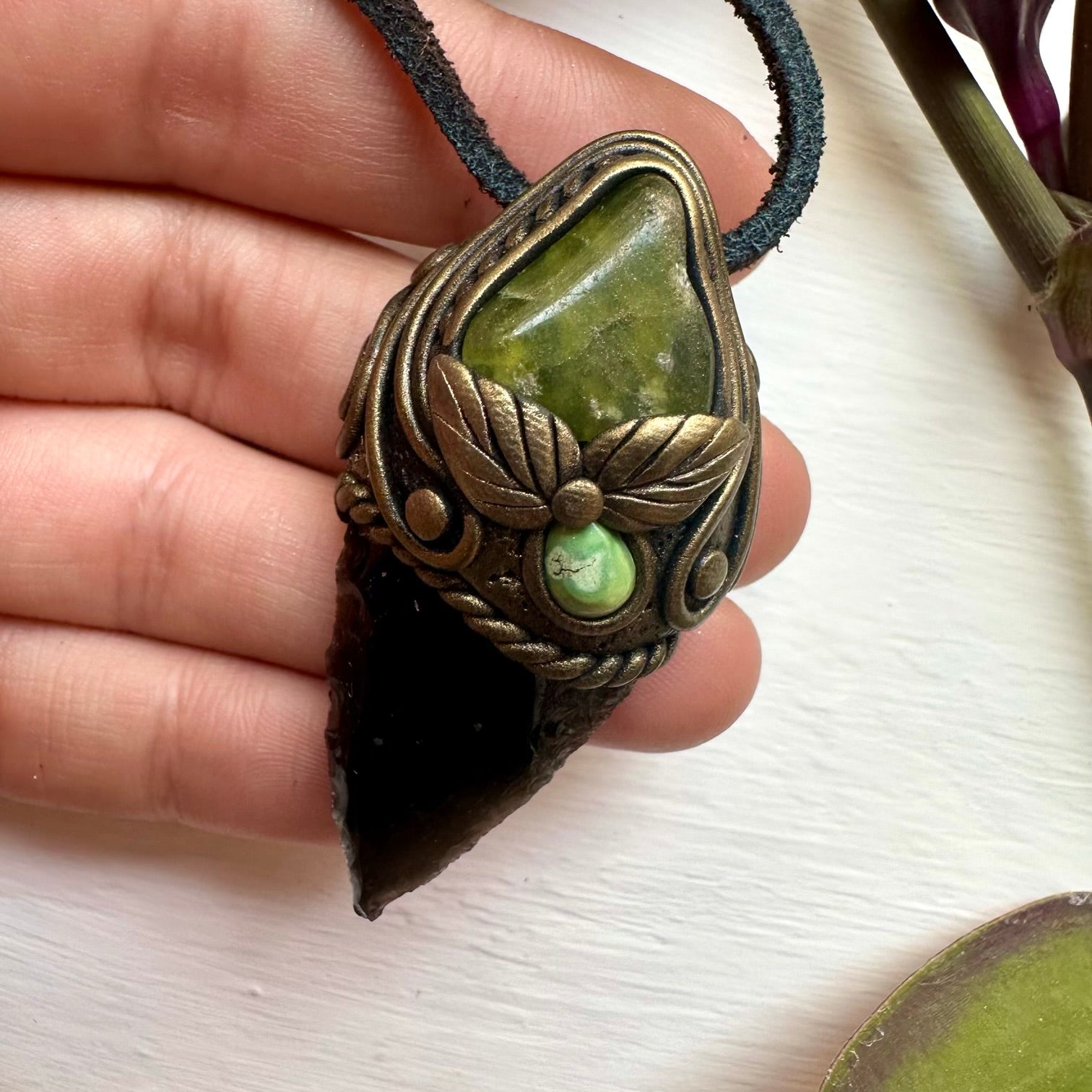 Black Obsidian Arrowhead Vesuvianite and Tibetan Turquoise Pendant - FairyGardenGlow