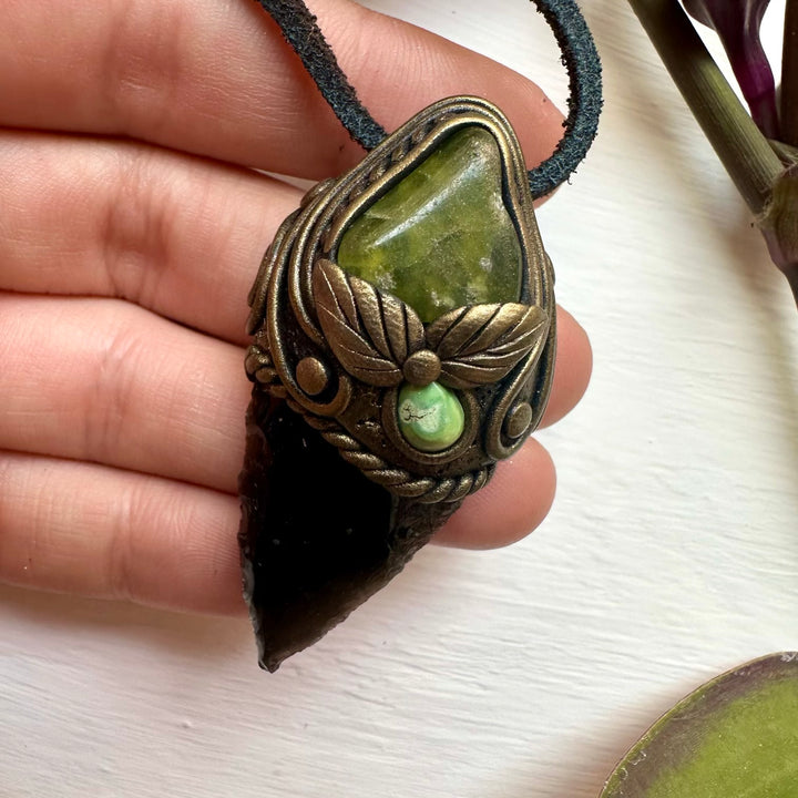 Black Obsidian Arrowhead Vesuvianite and Tibetan Turquoise Pendant - FairyGardenGlow