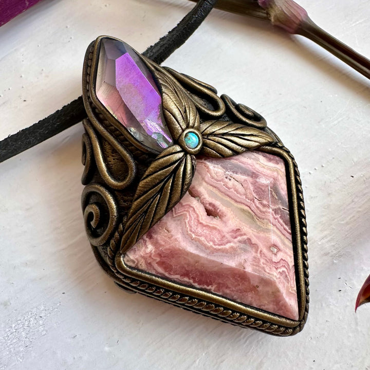Rhodochrosite Angel Aura Quartz and Australian Opal Pendant Necklace - FairyGardenGlow