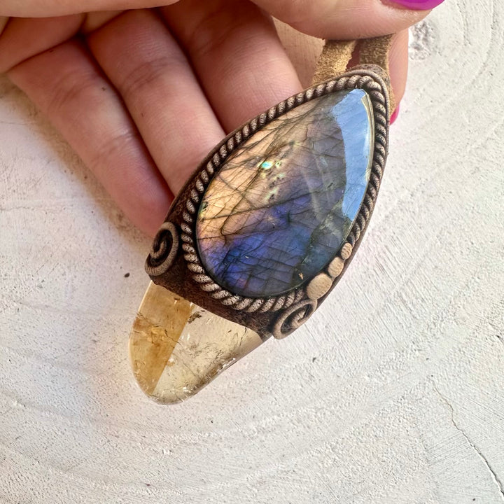 Bi Color Citrine & Labradorite Pendant Necklace – Unisex Gemstone Jewelry, Healing Crystal Necklace
